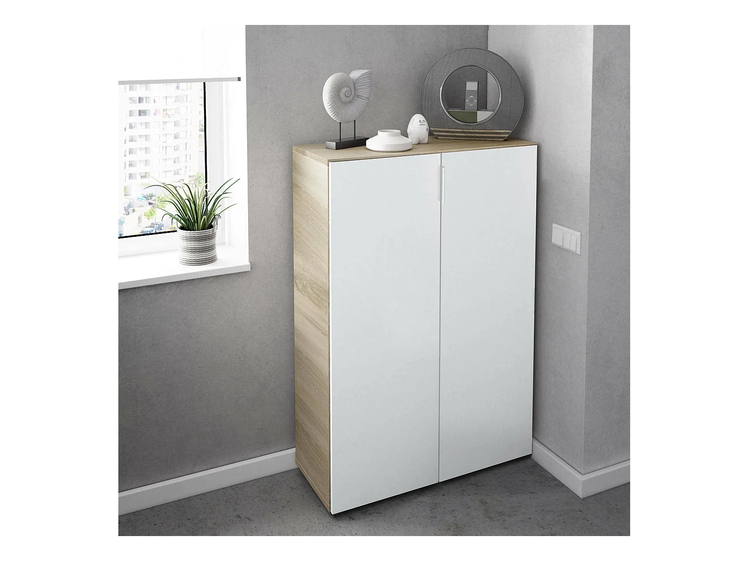Armoire polyvalente Dlel, Armoire auxiliaire avec 2 portes, Armoire à chaussures basse avec 6 étagères, Étagère à chaussures basse, 70x36h103 cm, Chêne et Blanc