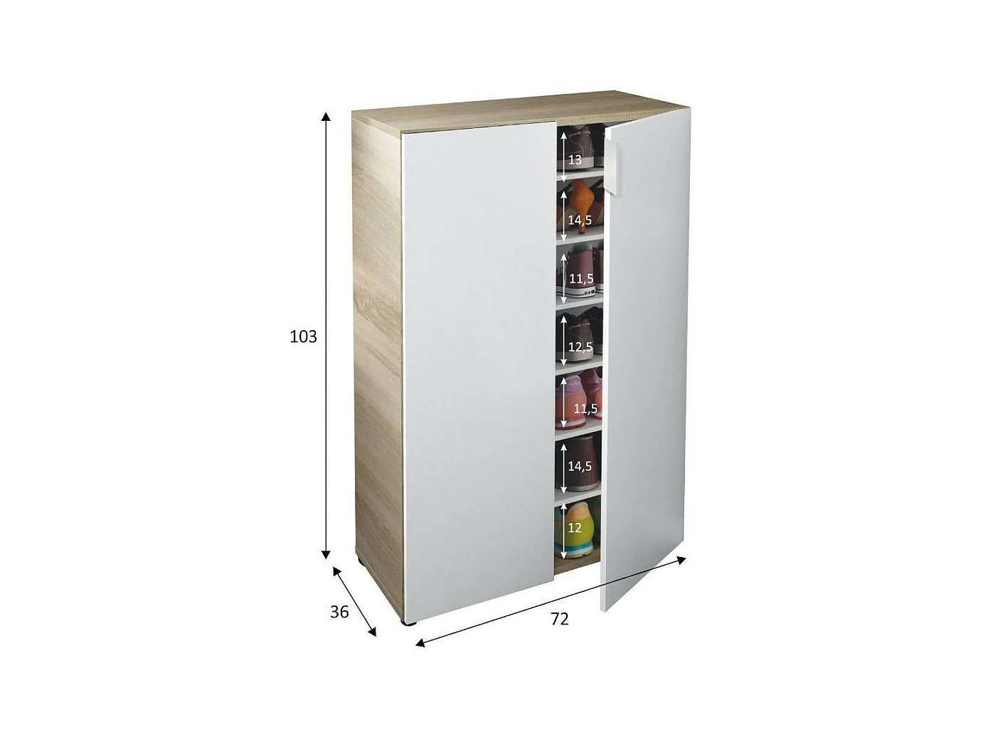 Armoire polyvalente Dlel, Armoire auxiliaire avec 2 portes, Armoire à chaussures basse avec 6 étagères, Étagère à chaussures basse, 70x36h103 cm, Chêne et Blanc