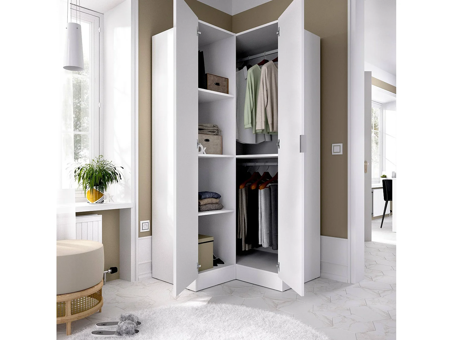Armoire Elgon, Armoire d'angle pour chambre à coucher, Armoire d'angle avec 2 portes battantes, 91x93h184 cm, Blanc