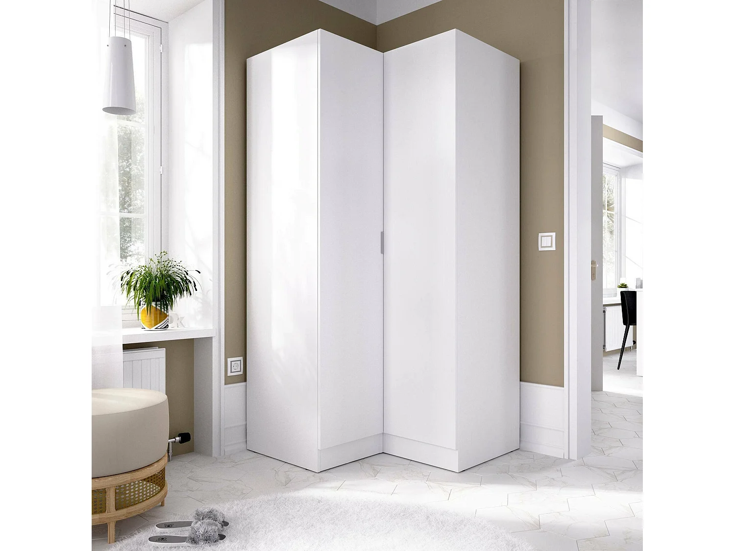 Armoire Elgon, Armoire d'angle pour chambre à coucher, Armoire d'angle avec 2 portes battantes, 91x93h184 cm, Blanc