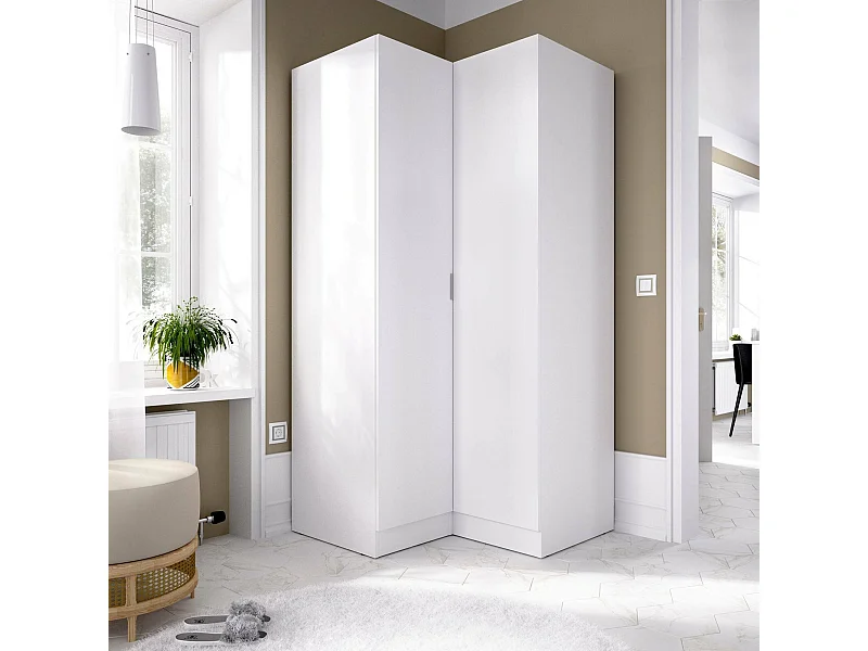 Armoire Elgon, Armoire d'angle pour chambre à coucher, Armoire d'angle avec 2 portes battantes, 91x93h184 cm, Blanc