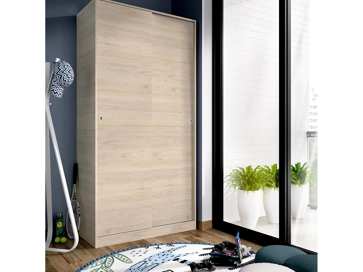 Armoire Kilimandjaro, Cintre pour chambre à coucher, Armoire avec 2 porte couliante, 100x50h204 cm, Chêne
