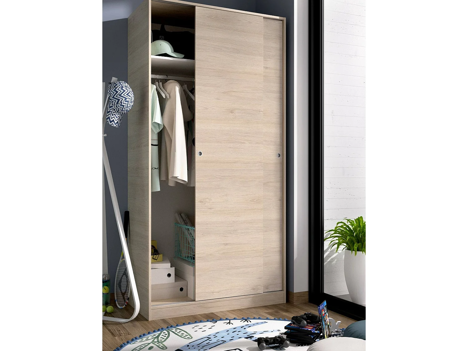 Armoire Kilimandjaro, Cintre pour chambre à coucher, Armoire avec 2 porte couliante, 100x50h204 cm, Chêne