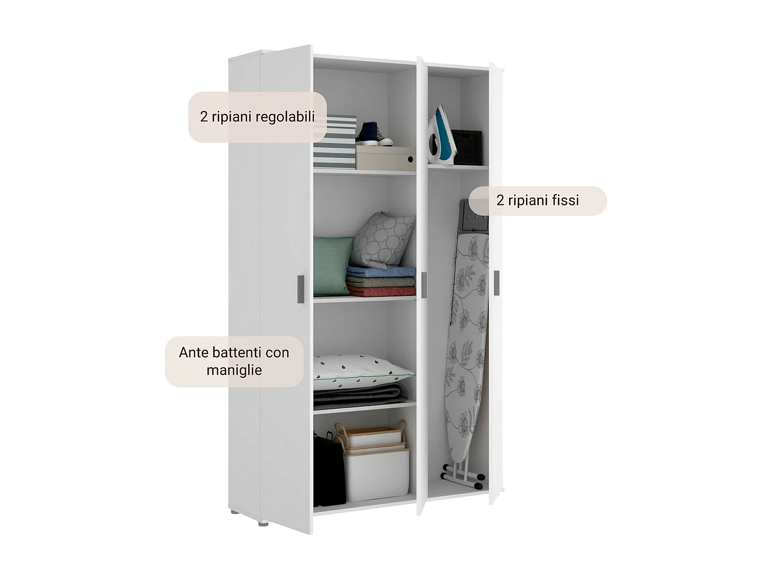 Armoire polyvalente Dmeli, Armoire porte-balai multifonctionnelle, armoire 3 portes, 116x35h190 cm, Blanc