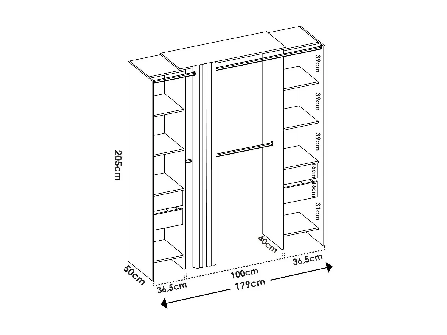 Dmora Grote Garderobekast Resegone 50x205h cm Wit Kledingrek 8 Planken, Slaapkamerkast 4 Lades
