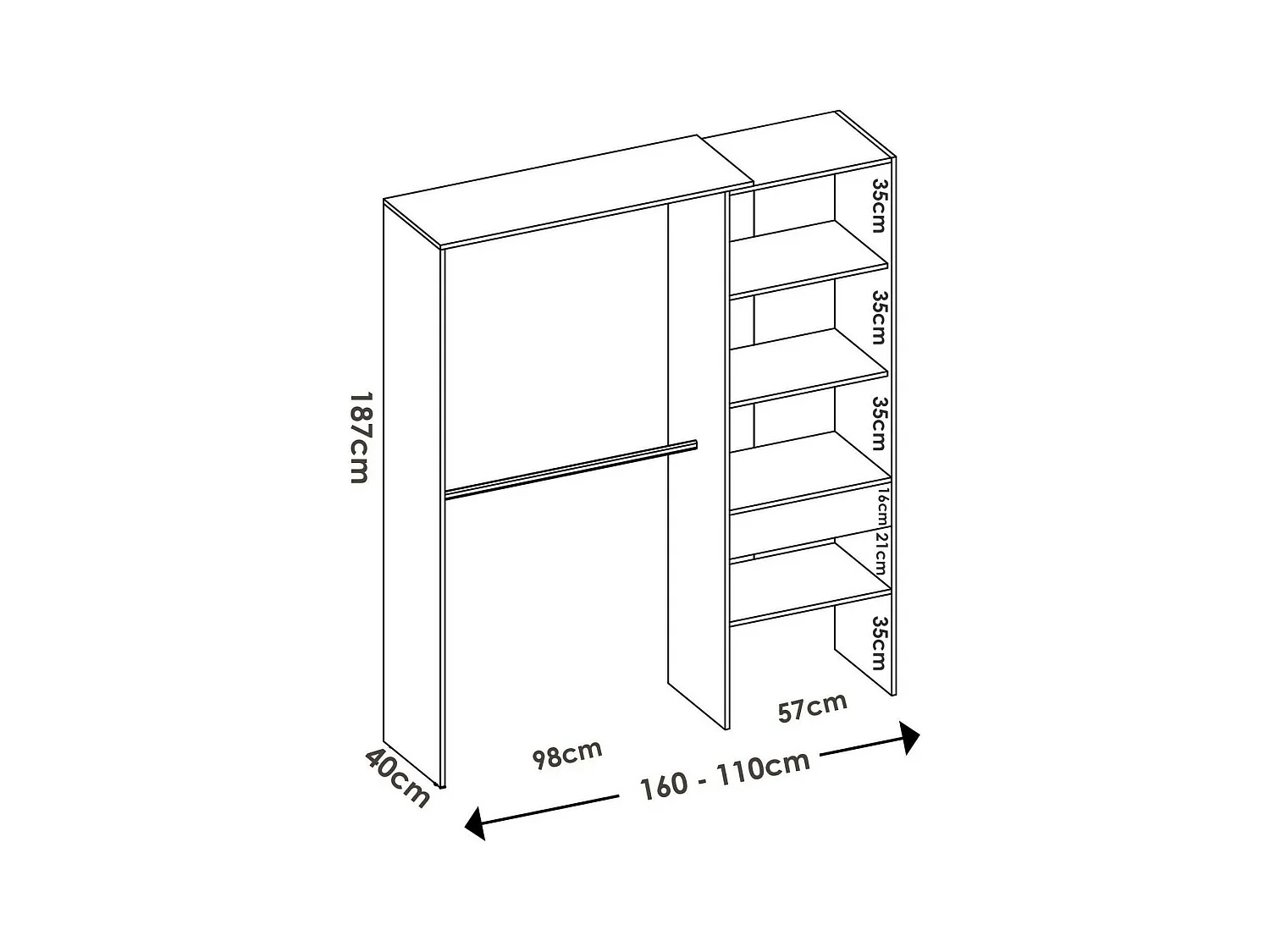 Armoire Lhotse, Structure pour dressing, Cintre ouvert, 160x40h187 cm, Chêne