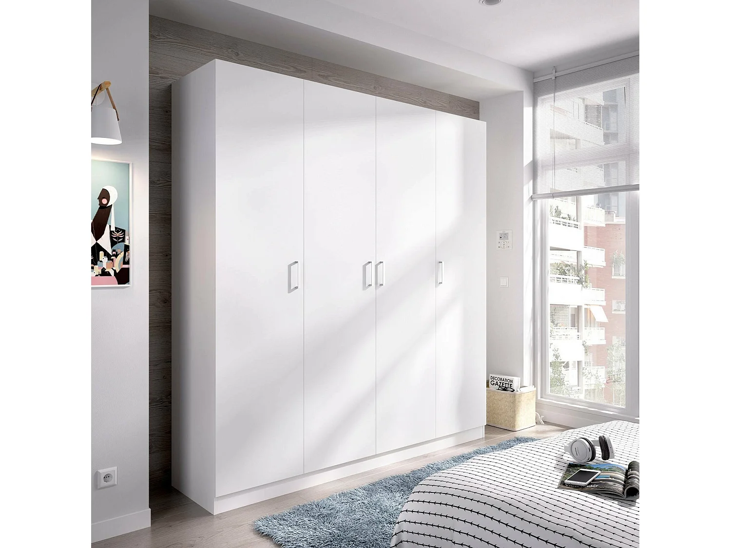 Bove Armoire, Cintre pour chambre à coucher, Armoire avec 4 portes battantes, 200x52h215 cm, Blanc