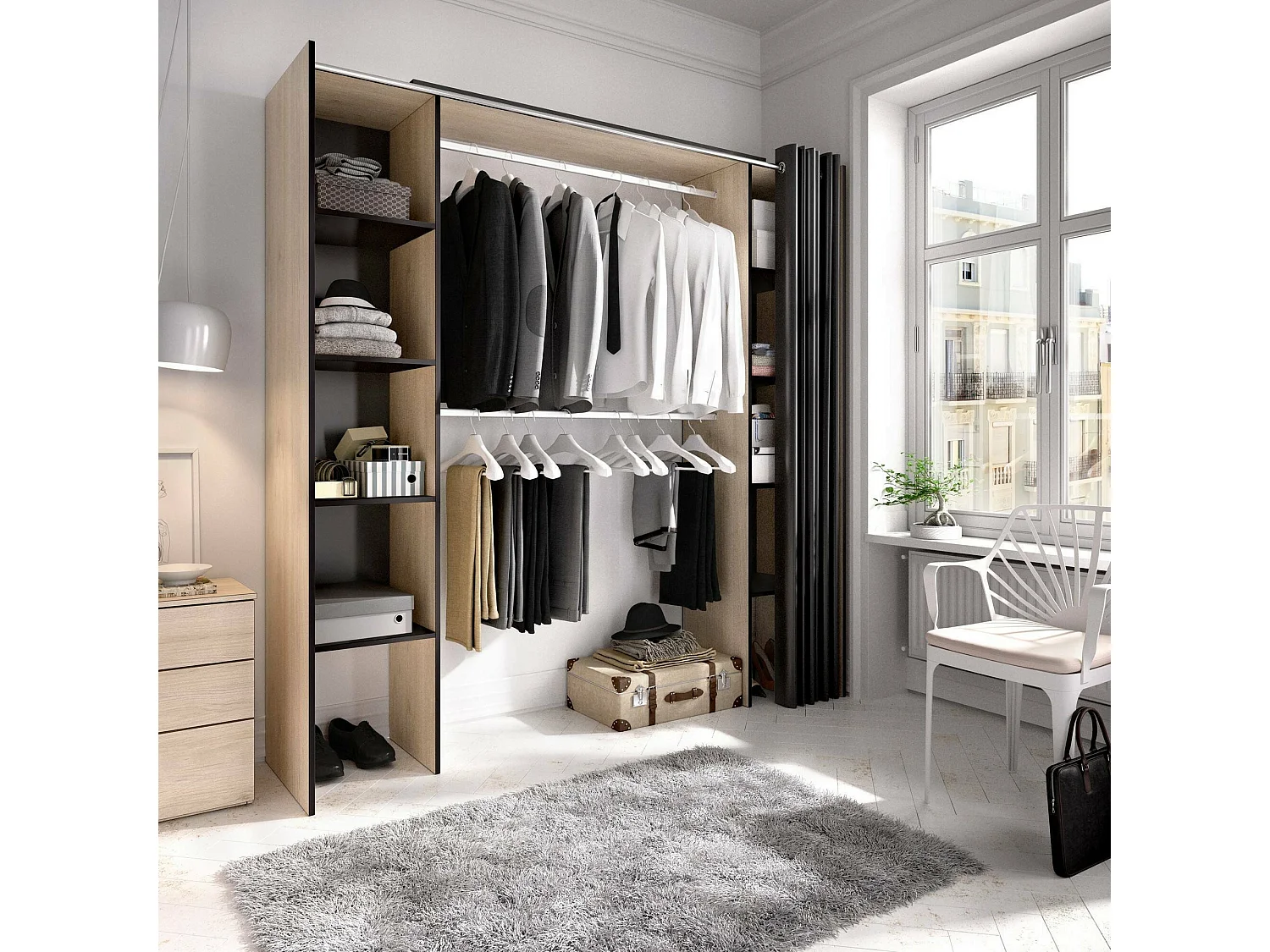 Armário Manaslu, Estrutura para guarda-roupa, Cabide extensível aberto, 180x50h205 cm, Carvalho e Cinza