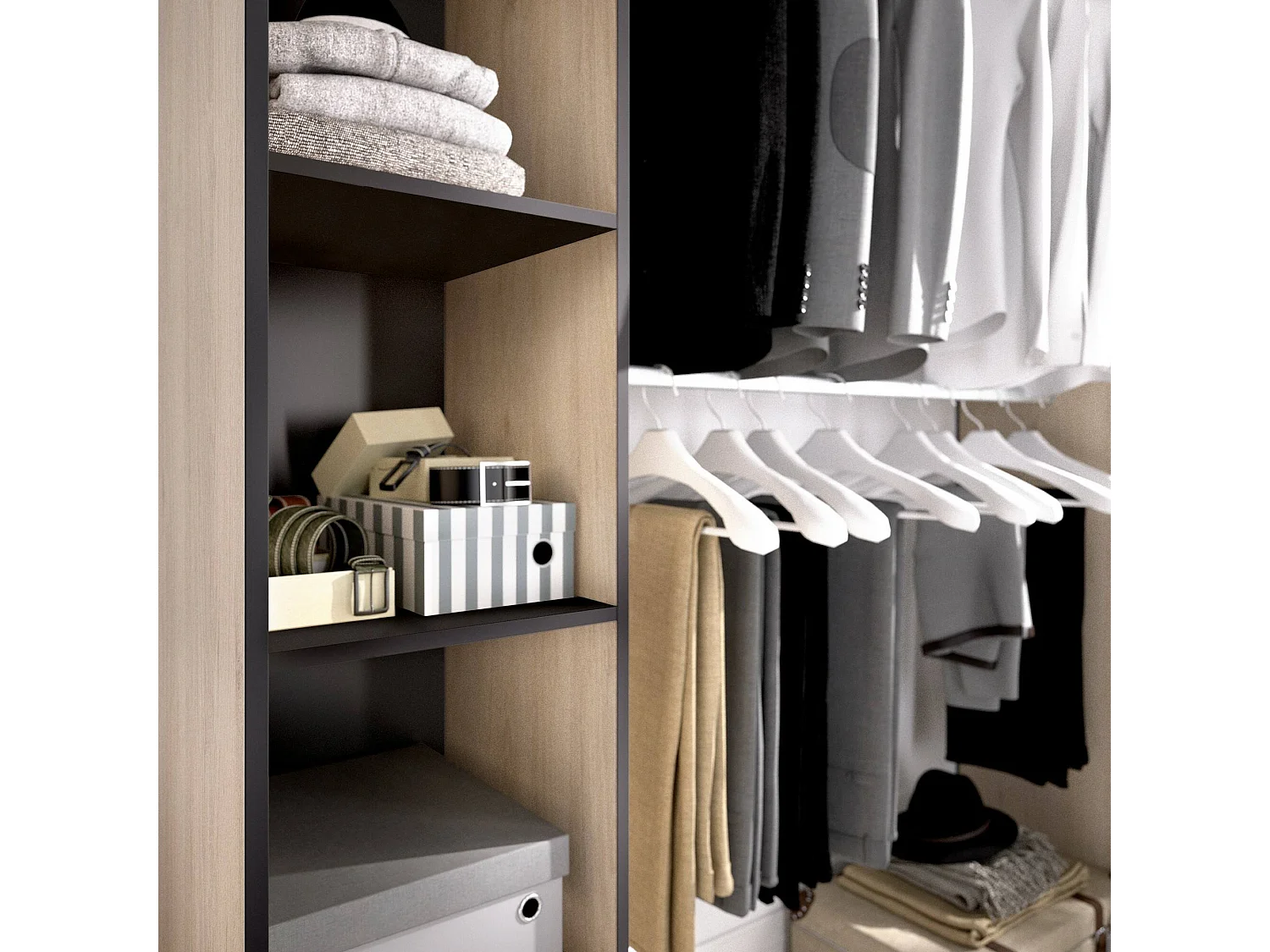 Armário Manaslu, Estrutura para guarda-roupa, Cabide extensível aberto, 180x50h205 cm, Carvalho e Cinza