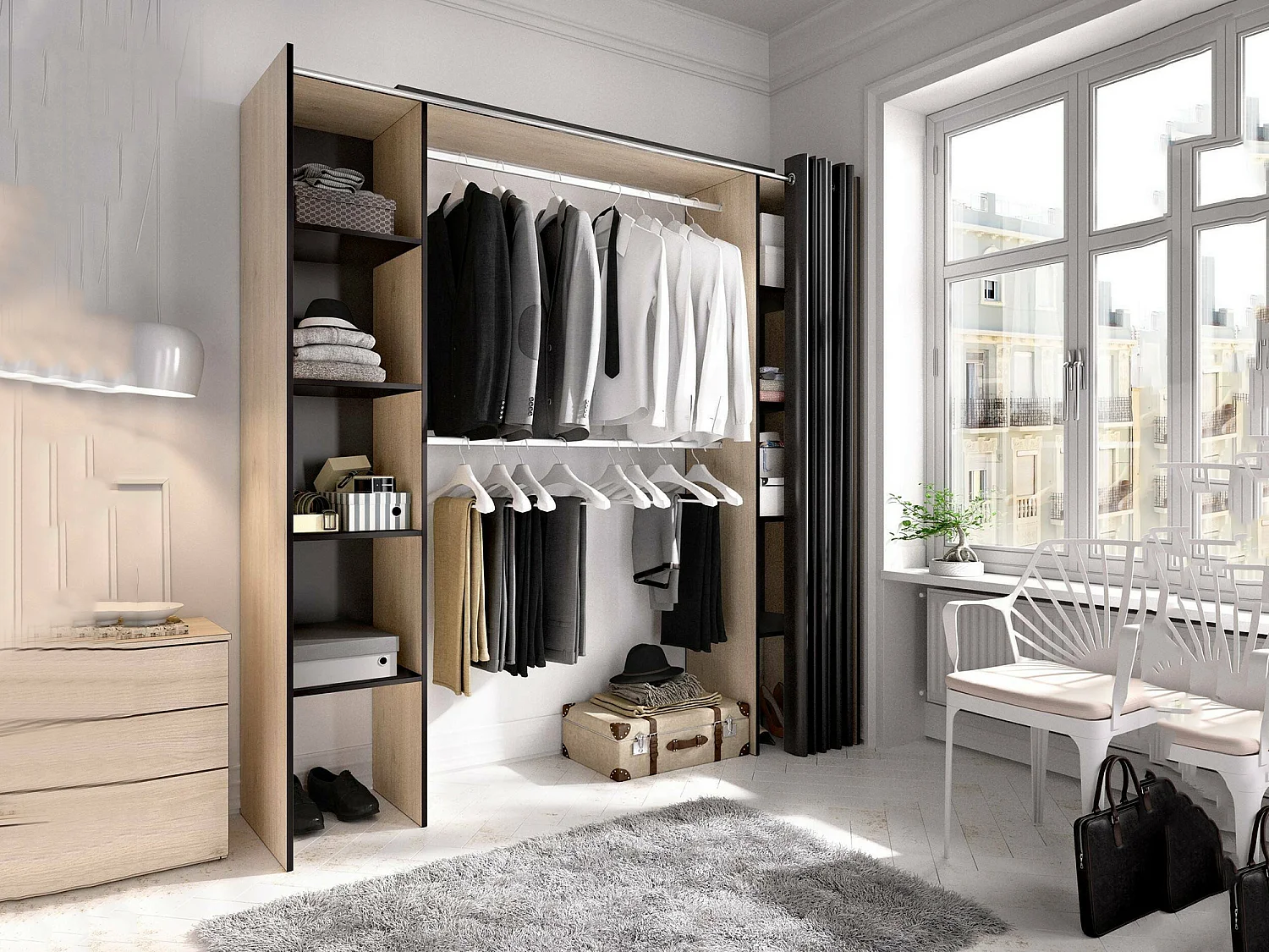 Armoire Manaslu, Structure pour dressing, Cintre ouvert extensible, 180x50h205 cm, Chêne et Gris