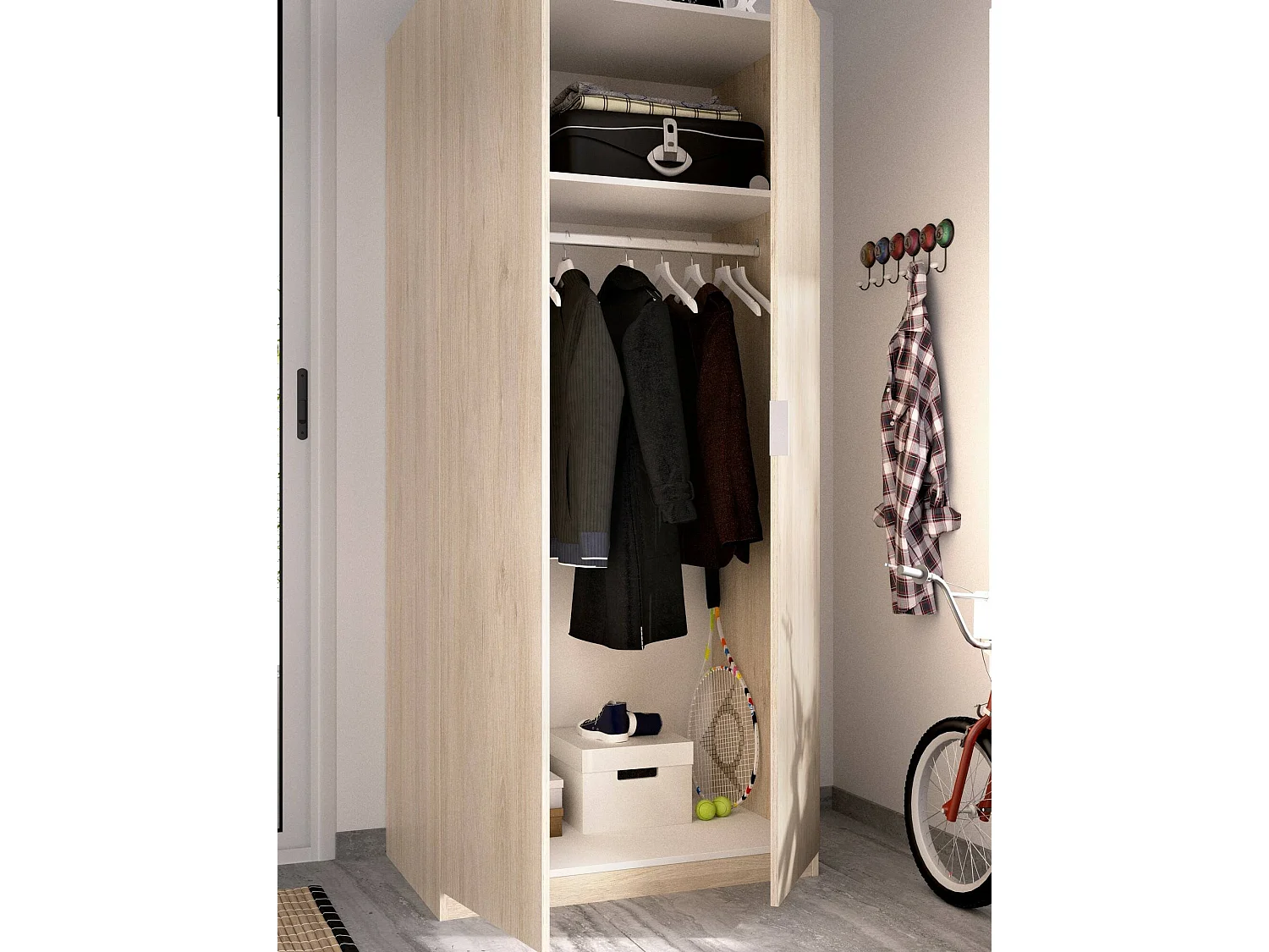 Giovo kledingkast, Kledinghanger voor slaapkamer, Kledingkast met 2 draaideuren, 81x52h184 cm, Eiken