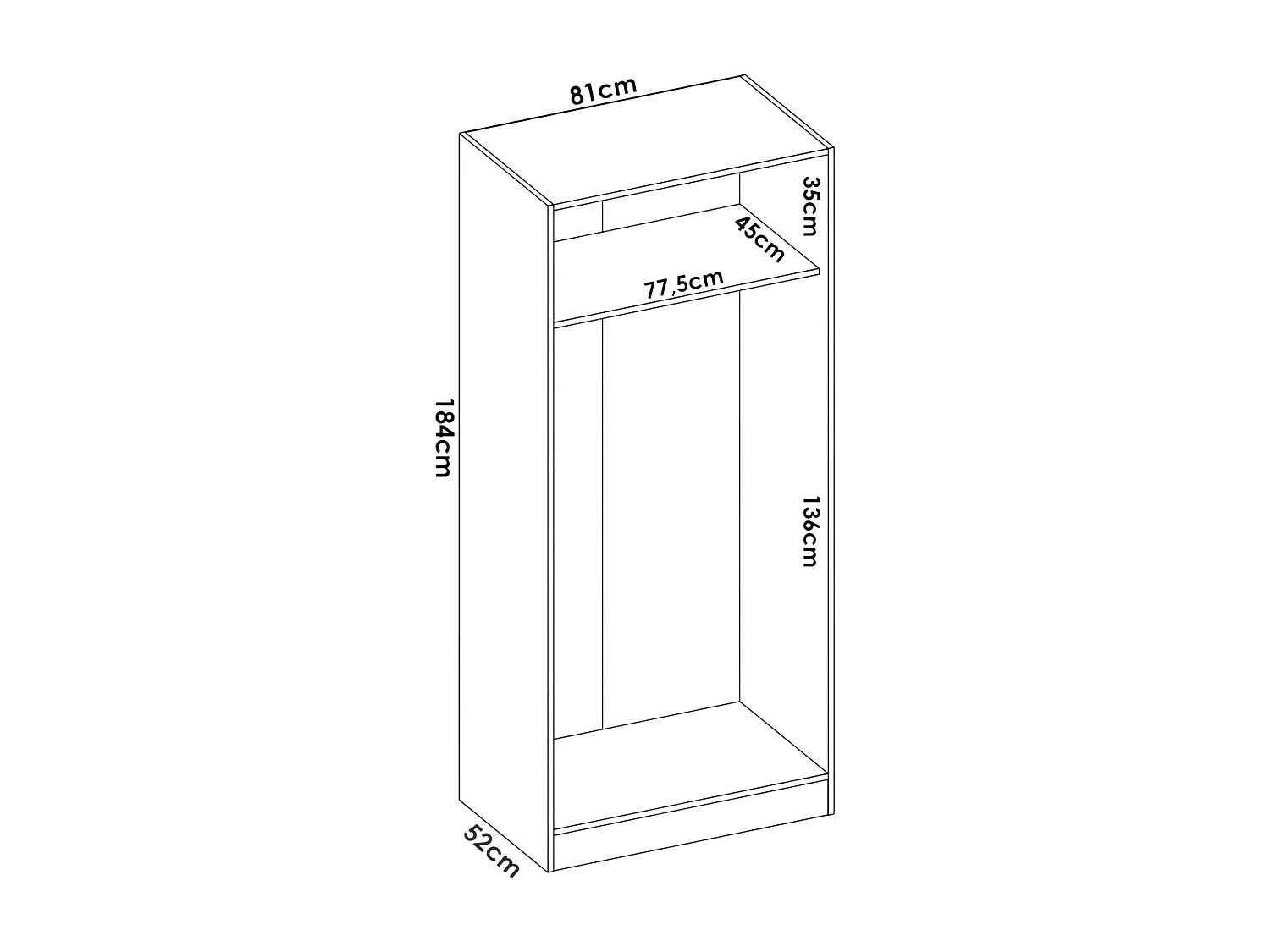 Armoire Giovo, Cintre pour chambre à coucher, Armoire avec 2 portes battantes, 81x52h184 cm, Chêne