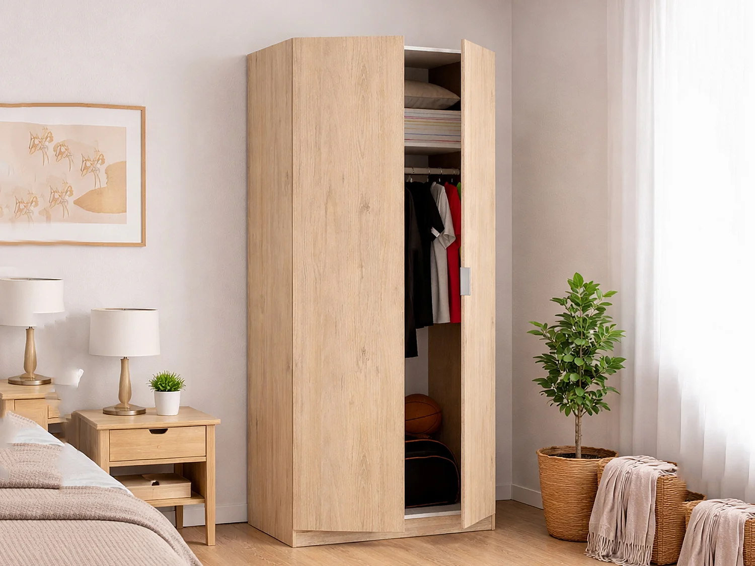Armario Giovo, Percha para dormitorio, Armario con 2 puertas batientes, 81x52h184 cm, Roble
