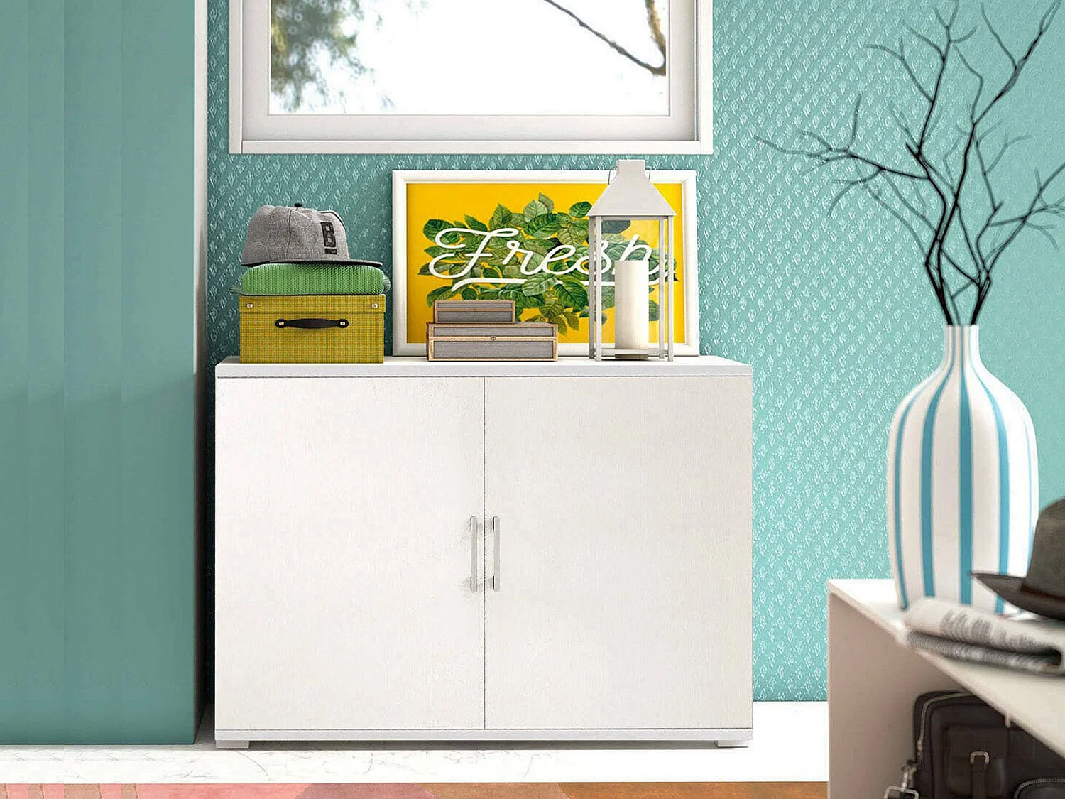 Armoire polyvalente Darc, Armoire linéaire à 2 portes battantes avec étagère, Mobilier d'entrée, Range - chaussures moderne, 100% Made in Italy, 90x45h66 cm, Blanc
