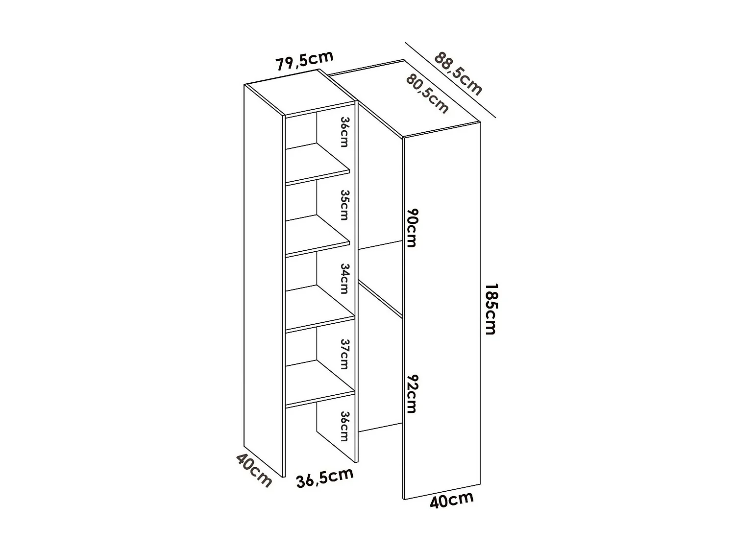 Armoire Bernina, Structure pour dressing d'angle, Cintre d'angle ouvert, 79x88h186 cm, Blanc