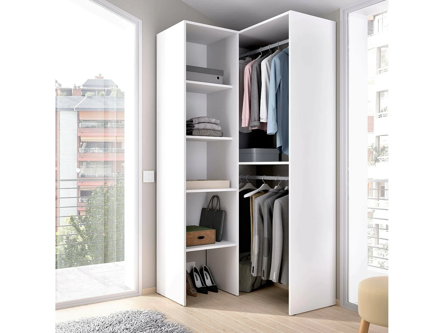 Dmora Guardaroba Grande Bernina 88.4x185.5h cm Bianco Appendiabiti 5 Ripiani, Armadio Camera da Letto 7 Vani