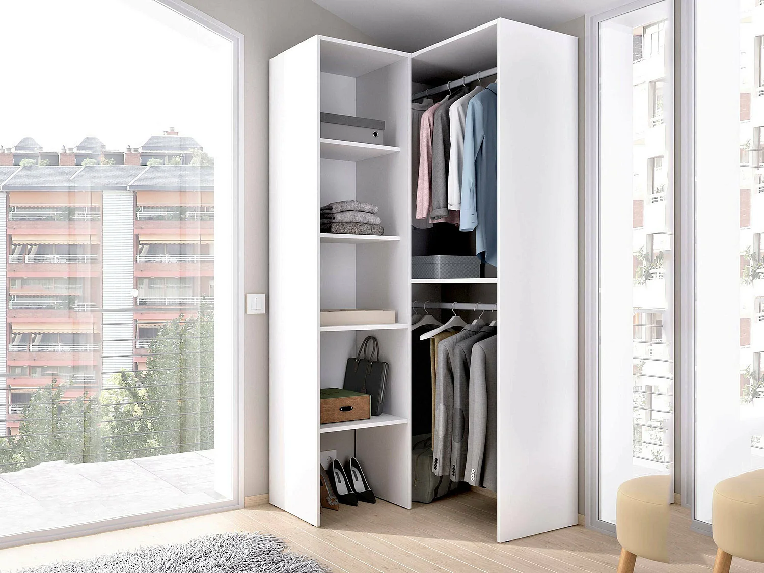 Armoire Bernina, Structure pour dressing d'angle, Cintre d'angle ouvert, 79x88h186 cm, Blanc