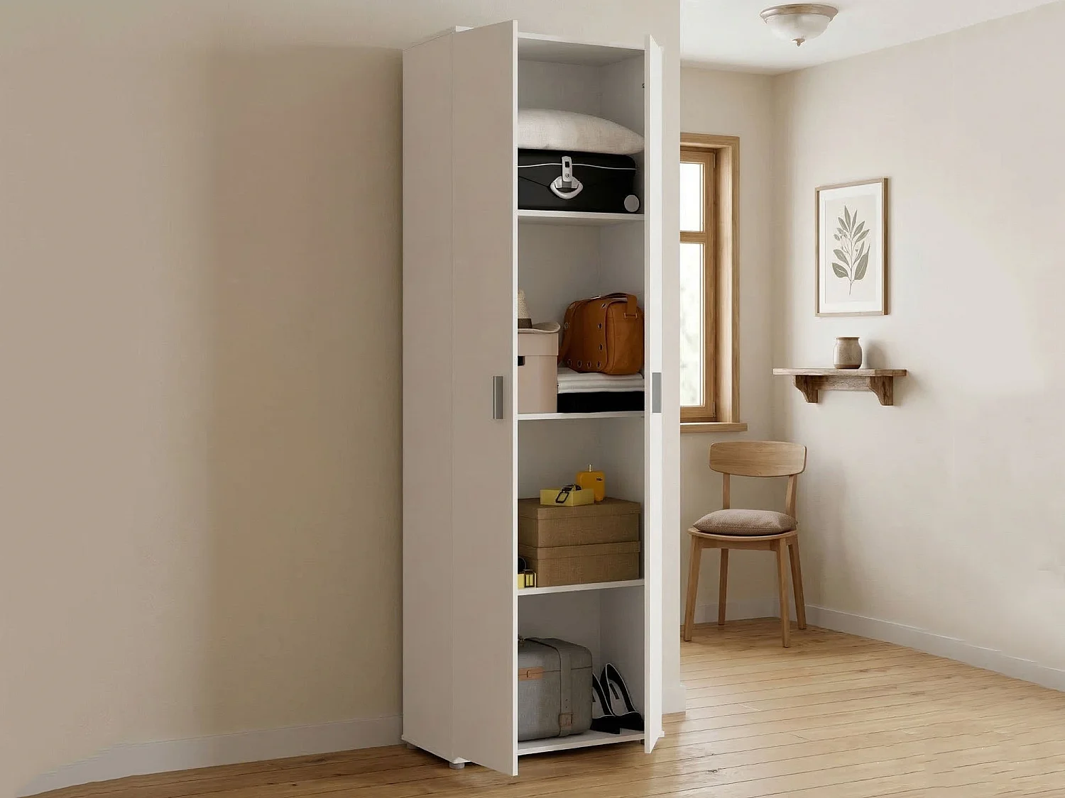 Armario multiusos Dmeg, Zapatero multiusos, Armario con 2 puertas, 61x35h190 cm, Blanco