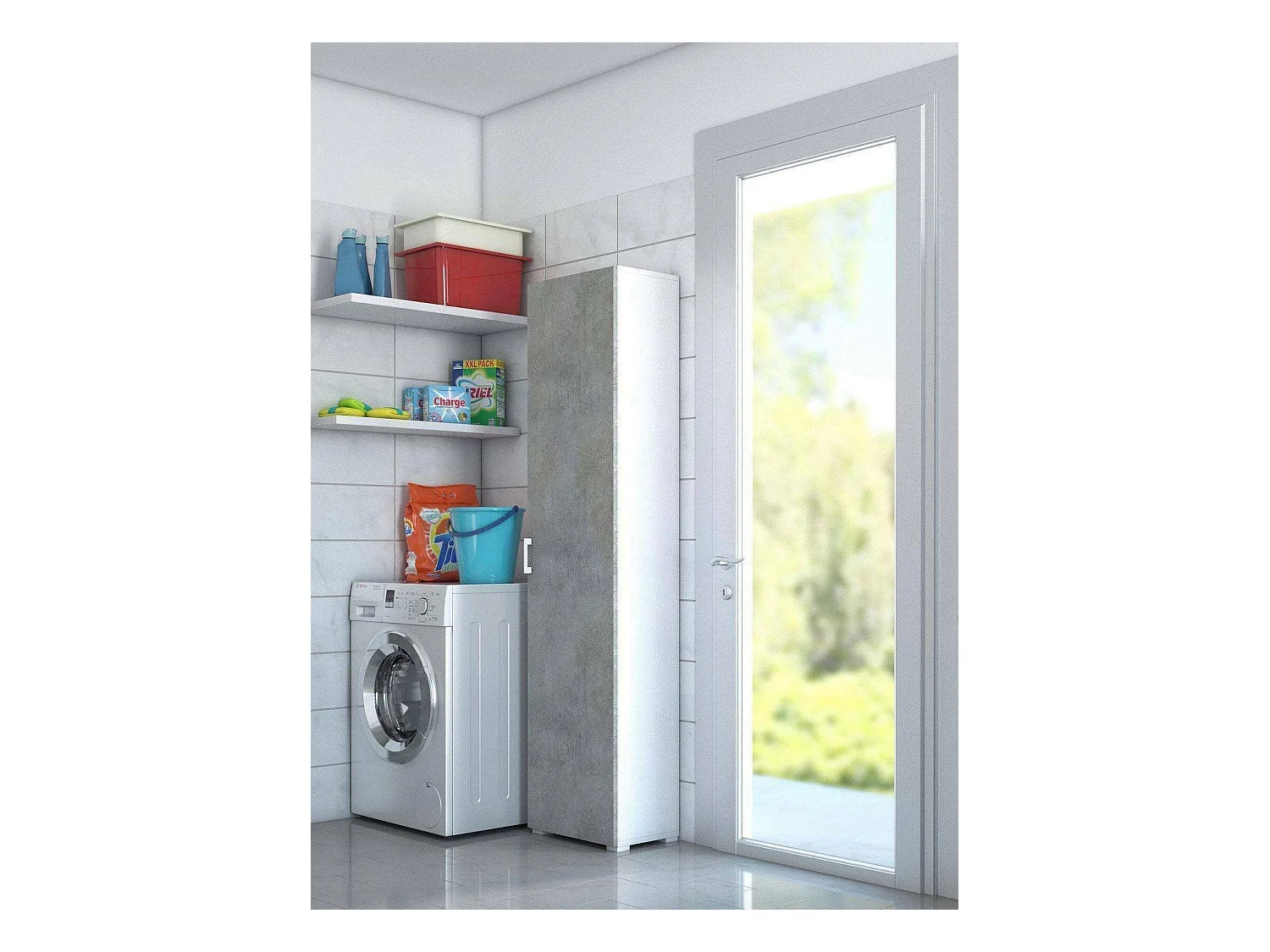 Armario multiusos 1 puerta imitación madera-cemento, blanco 45x45h195 cm