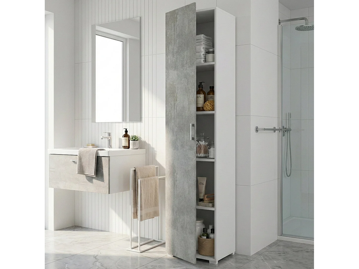 Armario multiusos 1 puerta imitación madera-cemento, blanco 45x45h195 cm