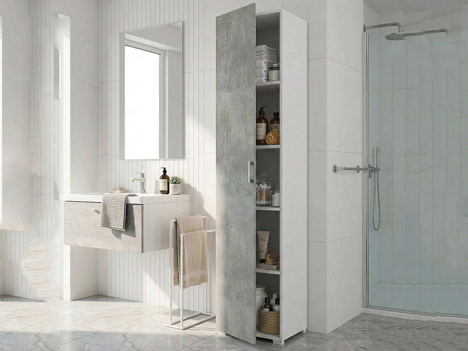 Armario multiusos 1 puerta imitación madera-cemento, blanco 45x45h195 cm
