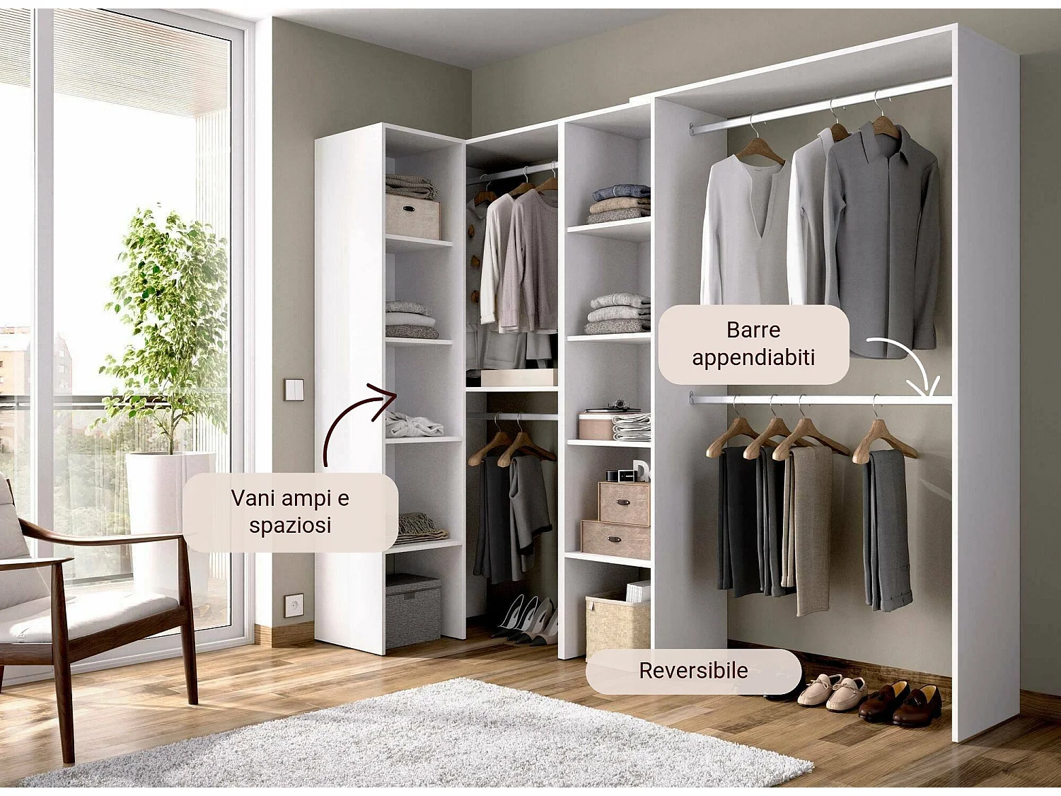 Armoire Quadro, Structure pour dressing d'angle, Cintre d'angle ouvert, 228x79h187 cm, Blanc