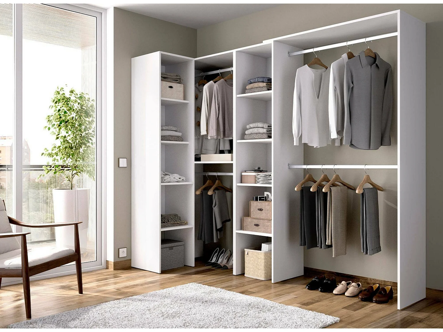 Armario Quadro, Estructura para vestidor de esquina, Perchero de esquina abierto, 228x79h187 cm, Blanco