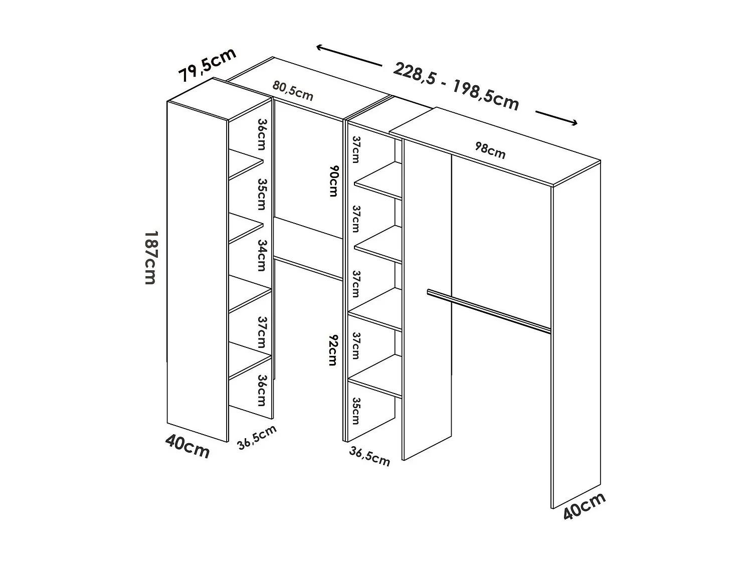 Armario Quadro, Estructura para vestidor de esquina, Perchero de esquina abierto, 228x79h187 cm, Blanco