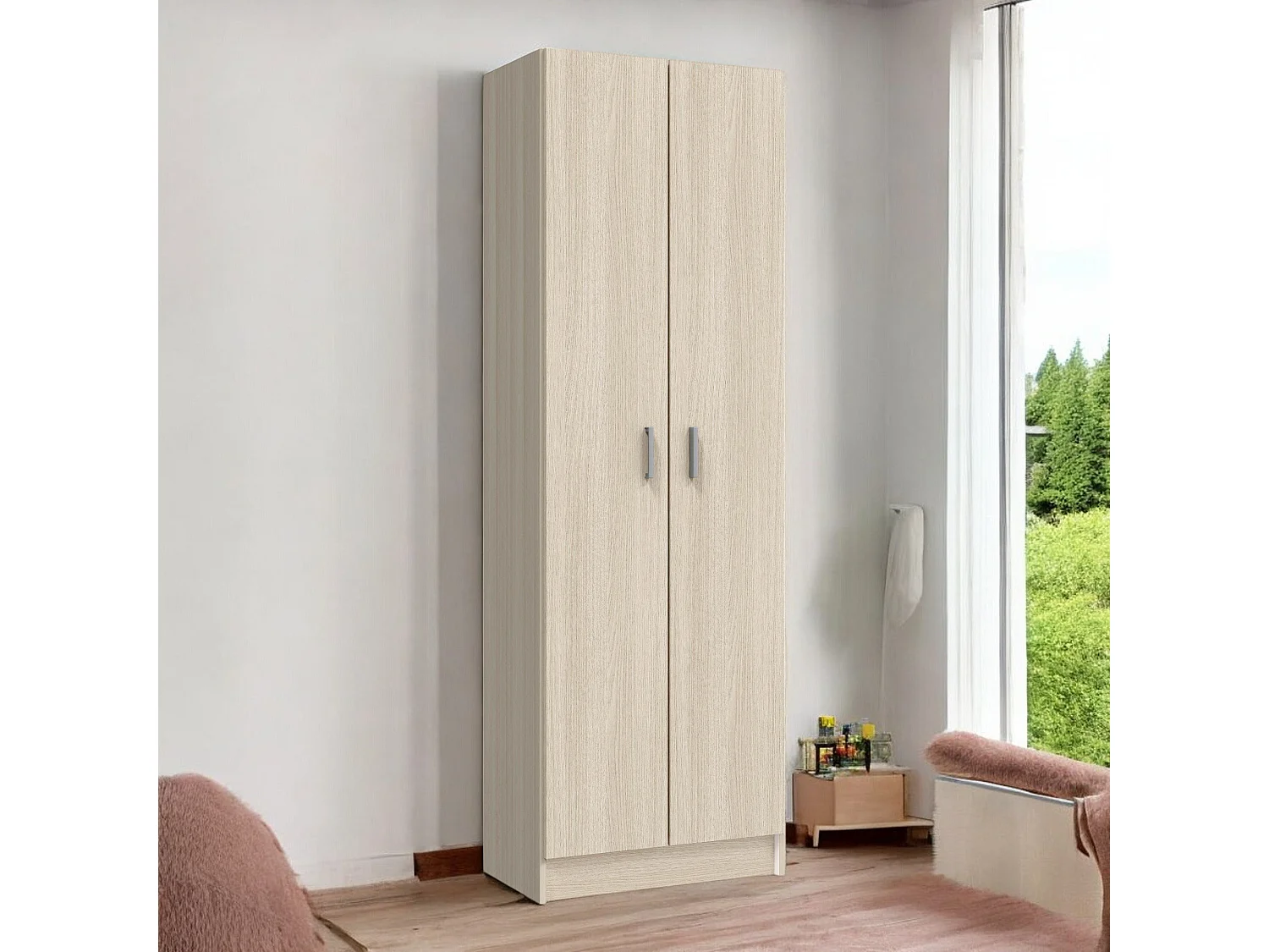 Dmarra multifunctionele kledingkast, Extra kast met 2 deuren, Schoenenrek met 3 planken, Modern hoog schoenenrek, 59x37h180 cm, Eiken