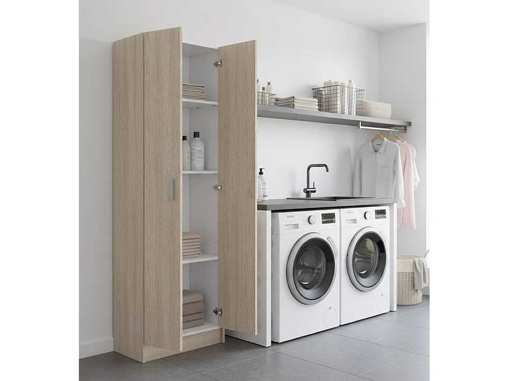 Armoire polyvalente Dmarra, Armoire auxiliaire avec 2 portes, Étagère à chaussures avec 3 étagères, Étagère à chaussures haute moderne, 59x37h180 cm, Chêne