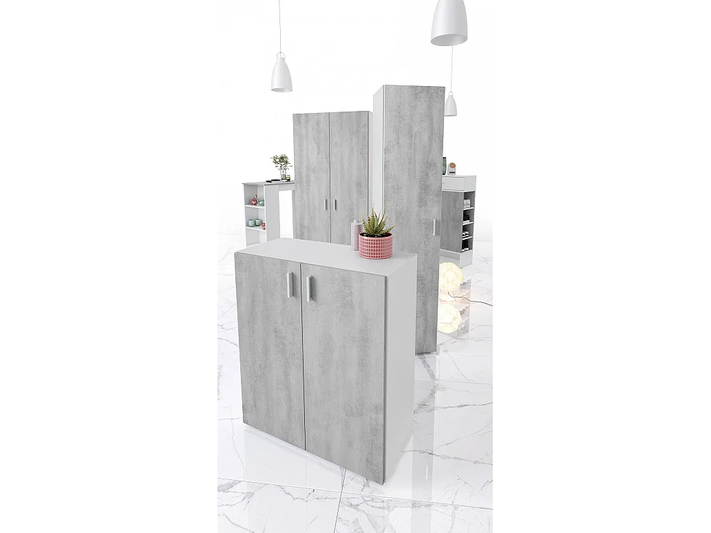 Armoire polyvalente Dfare, Armoire auxiliaire basse, Étagère à chaussures avec 2 portes battantes et 1 étagère, Étagère à chaussures, 80x37h92 cm, Ciment et Blanc