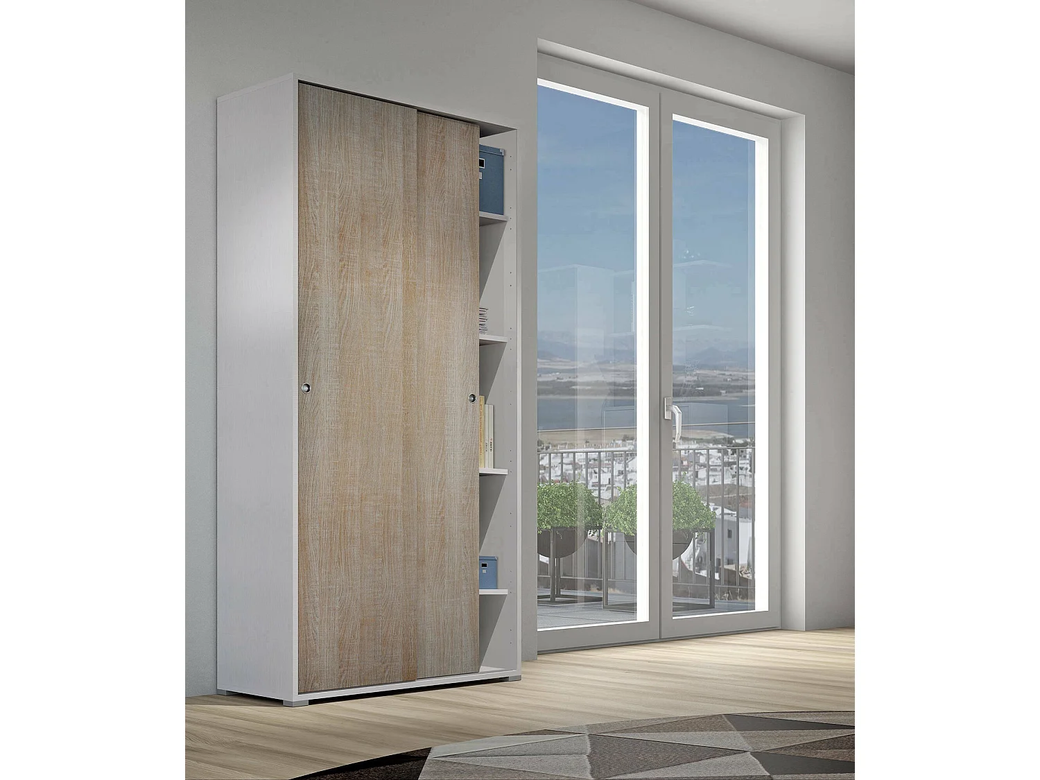 Armoire Dalia, armoire avec 2 portes coulissantes et 4 étagères, mobilier de chambre polyvalent moderne, 100% Made in Italy, 90x45h195 cm, Chêne et Blanc