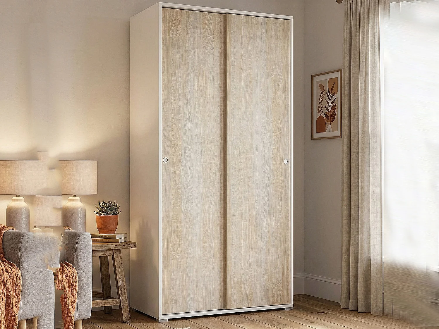 Armoire Dalia, armoire avec 2 portes coulissantes et 4 étagères, mobilier de chambre polyvalent moderne, 100% Made in Italy, 90x45h195 cm, Chêne et Blanc