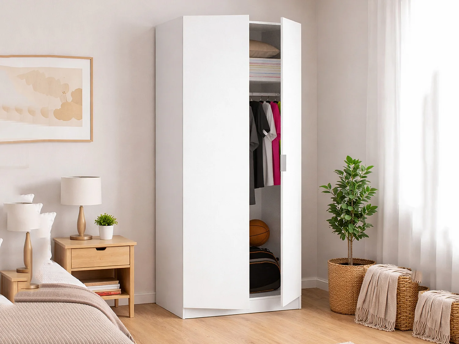 Giovo Armoire, Cintre pour chambre à coucher, Armoire avec 2 portes battantes, 81x52h184 cm, Blanc