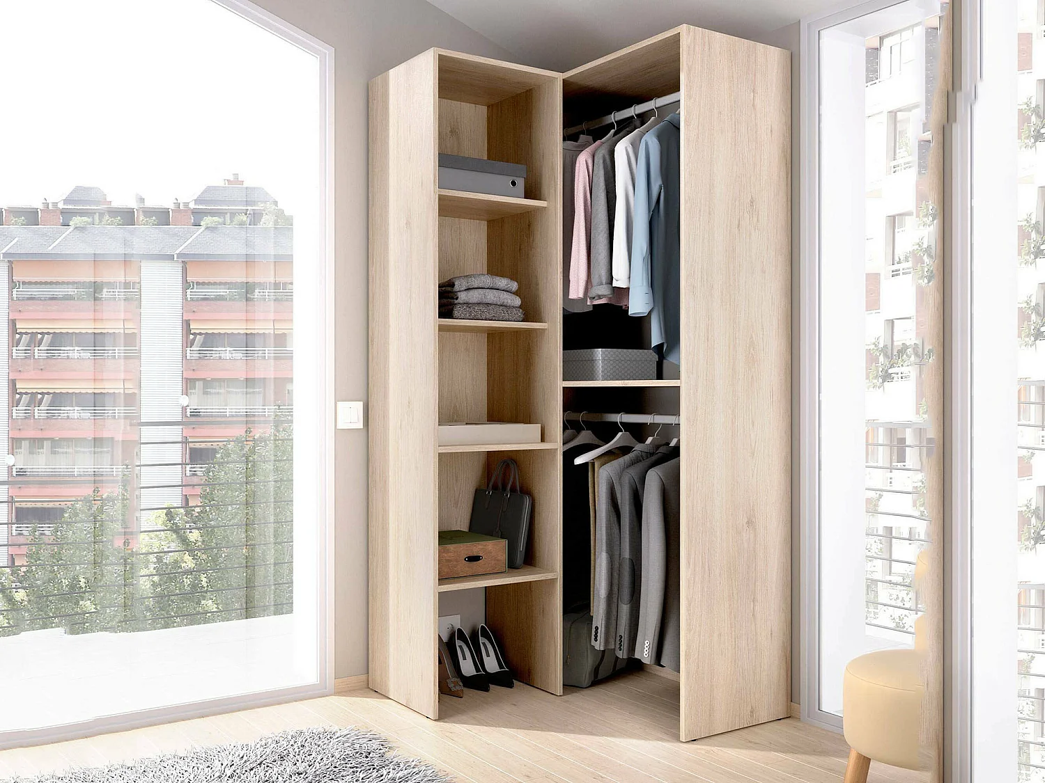 Armoire Bernina, Structure pour dressing d'angle, Cintre d'angle ouvert, 79x88h186 cm, Chêne