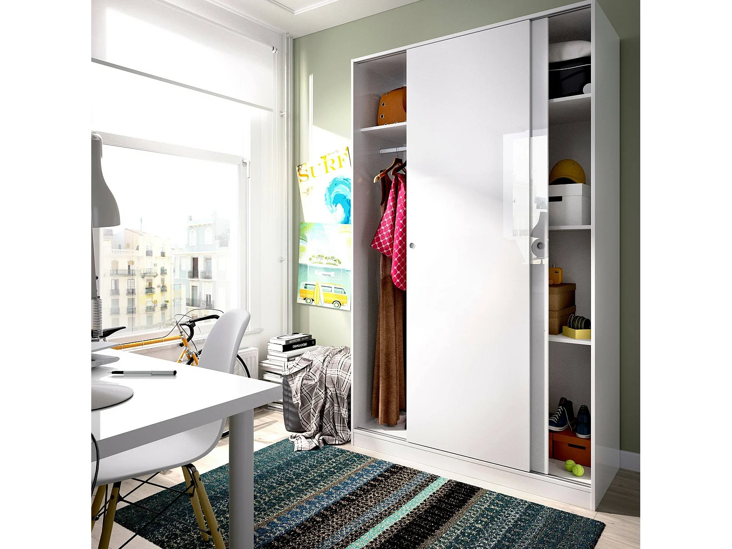 Armoire Denali, Cintre pour chambre à coucher, Armoire avec 2 portes coulissantes, 120x50h204 cm, Blanc