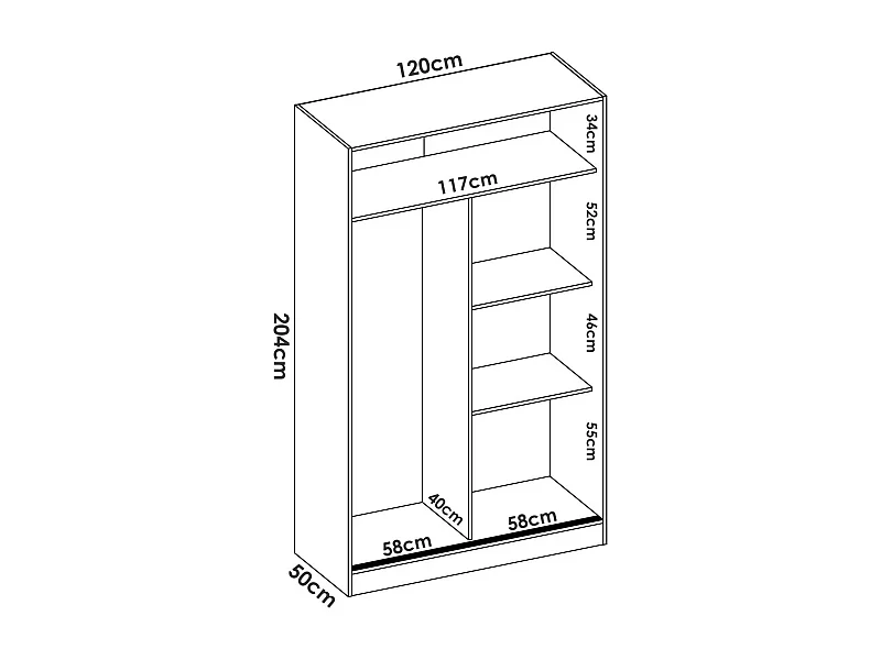 Kleiderschrank Denali, Garderobe für Schlafzimmer, Kleiderschrank mit 2 Schiebetüren, 120x50h204 cm, WeiÃŸ