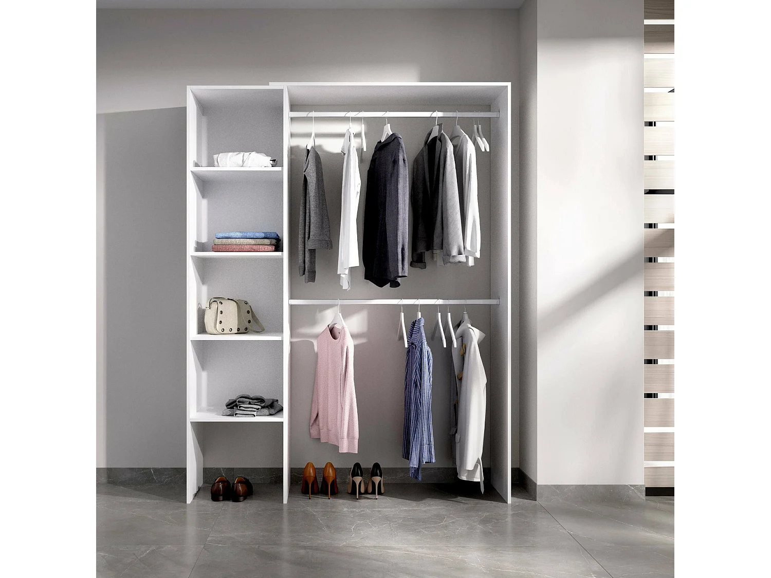 Armoire Makalu, Structure pour dressing, Cintre ouvert, 140x40h187 cm, Blanc