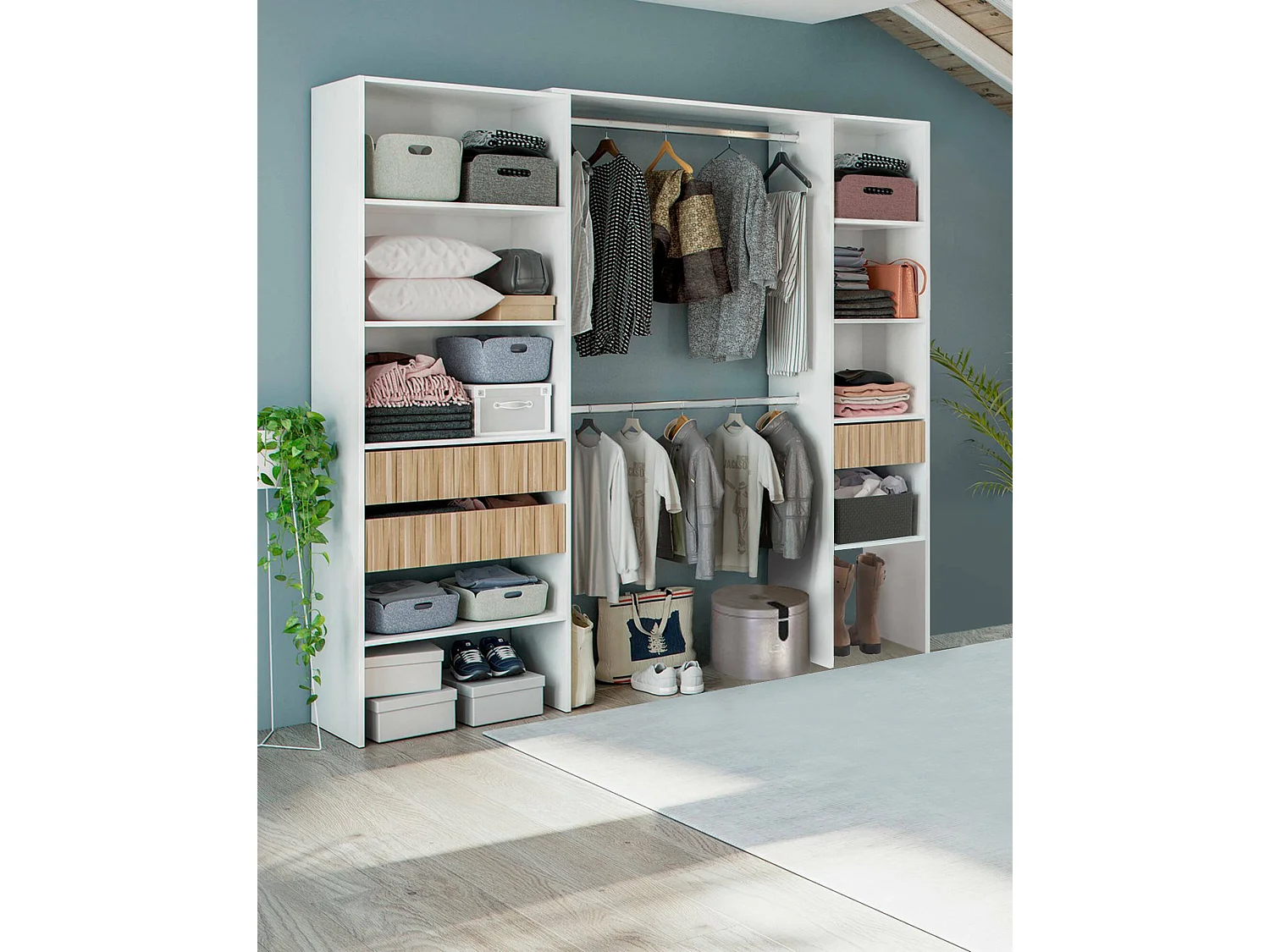 Armoire Worland, Meubles de chambre à coucher, Armoire à vêtements avec étagères et 3 tiroirs, 196x40h187 cm, Blanc et Chêne