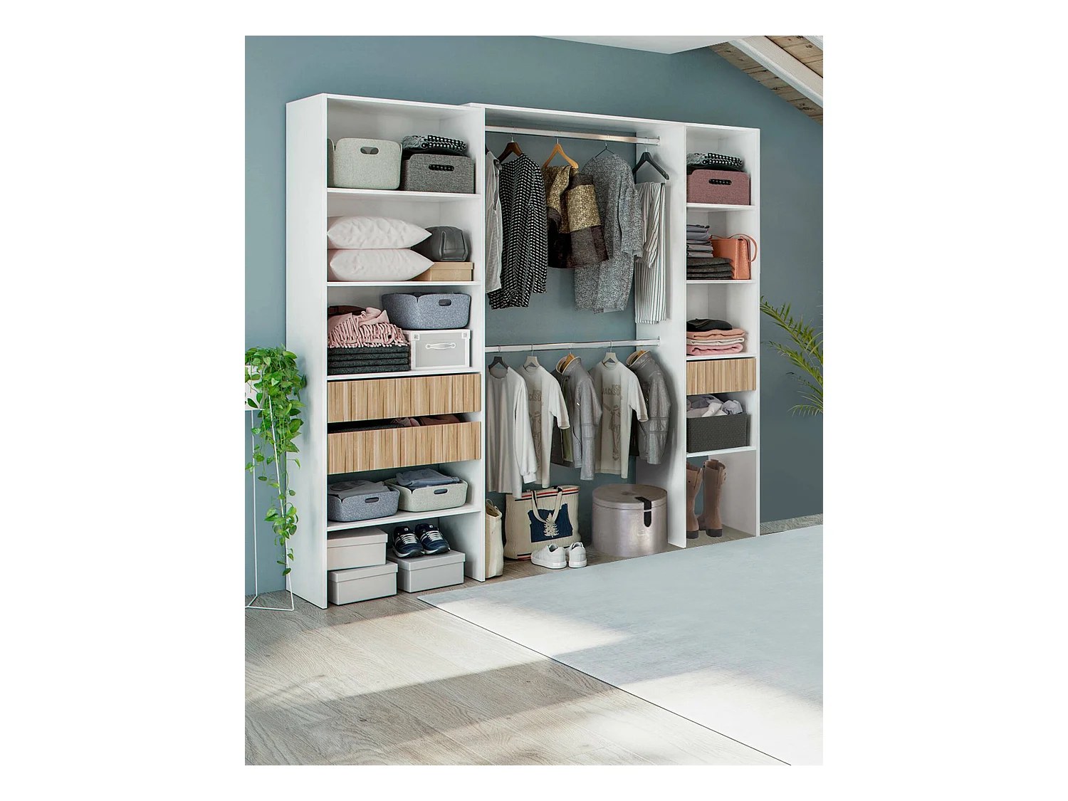 Armoire Worland, Meubles de chambre à coucher, Armoire à vêtements avec étagères et 3 tiroirs, 196x40h187 cm, Blanc et Chêne