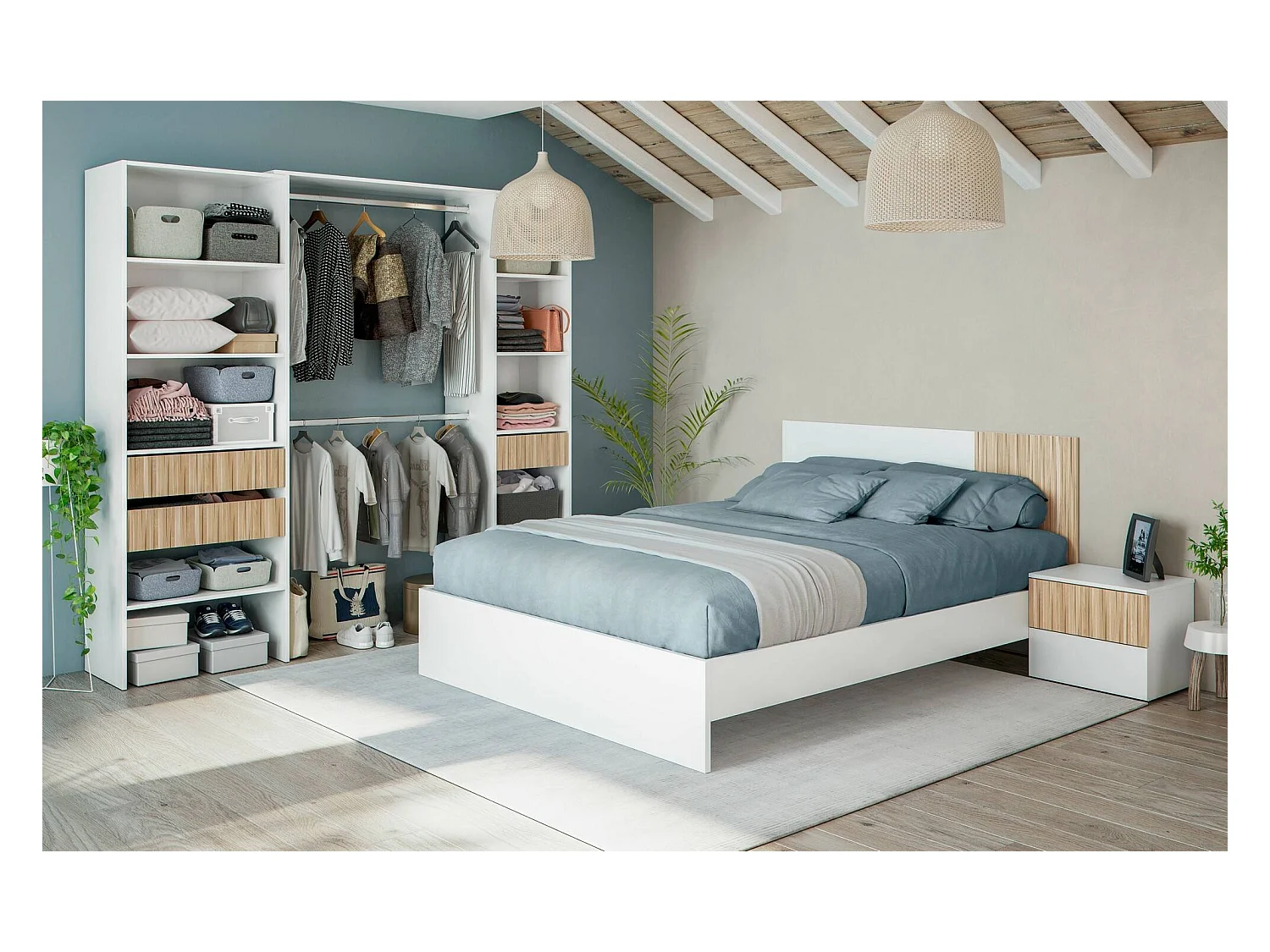 Armoire Worland, Meubles de chambre à coucher, Armoire à vêtements avec étagères et 3 tiroirs, 196x40h187 cm, Blanc et Chêne