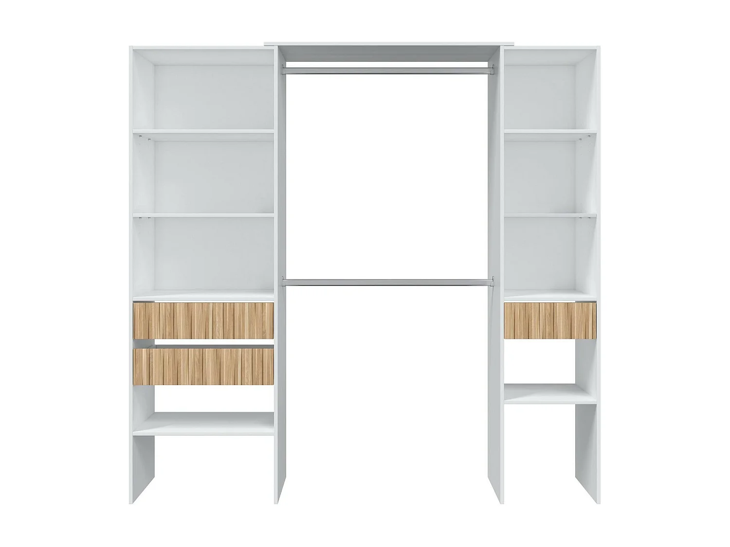 Armario Worland, Dormitorio, Perchero con baldas y 3 cajones, 196x40h187 cm, Blanco y Roble