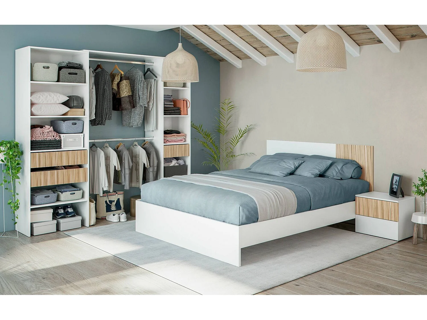 Armario Worland, Dormitorio, Perchero con baldas y 3 cajones, 196x40h187 cm, Blanco y Roble