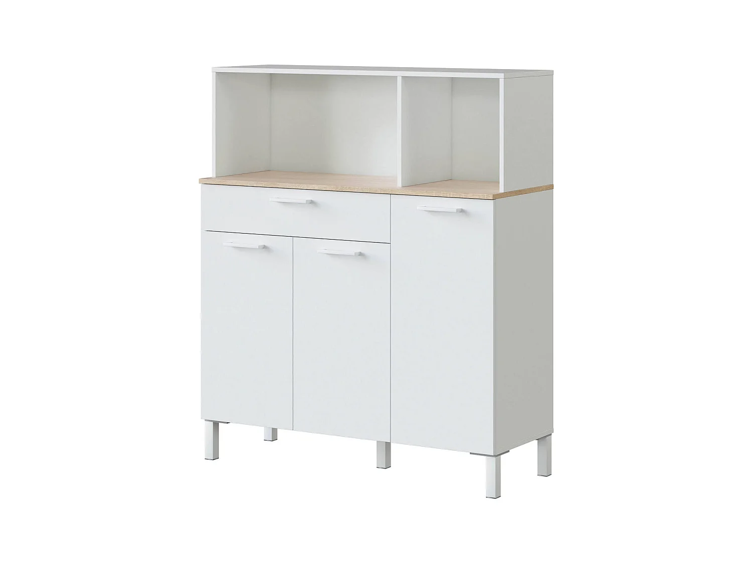 Armoire polyvalente Dlarin, Armoire de cuisine auxiliaire, Buffet avec 3 portes et 1 tiroir avec étagères, Armoire ouverte, 108x40h126 cm, Blanc et Chêne