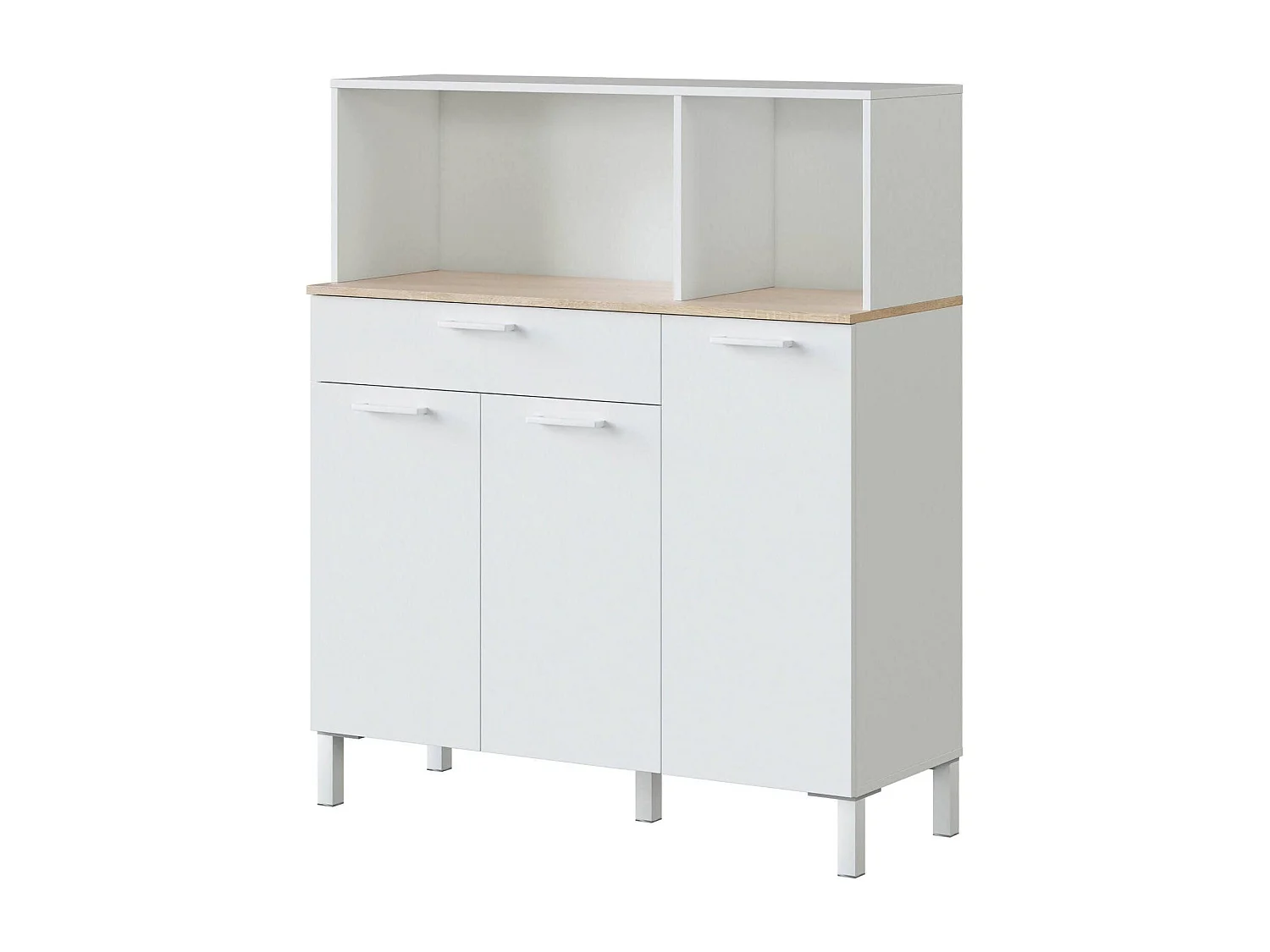 Dlarin multifunctionele kledingkast, Keukenhulpkast, Dressoir met 3 deuren en 1 lade met planken, Open kledingkast, 108x40h126 cm, Wit en Eiken