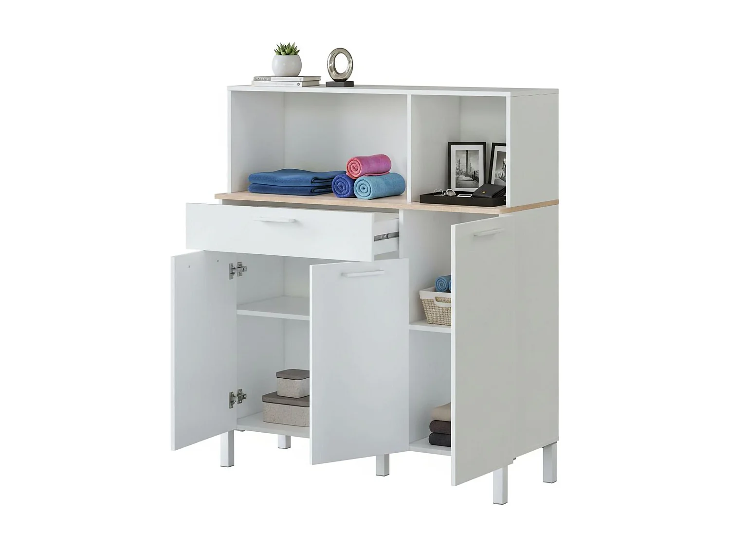 Armoire polyvalente Dlarin, Armoire de cuisine auxiliaire, Buffet avec 3 portes et 1 tiroir avec étagères, Armoire ouverte, 108x40h126 cm, Blanc et Chêne