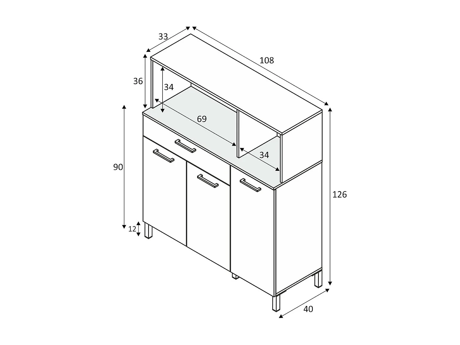Armoire polyvalente Dlarin, Armoire de cuisine auxiliaire, Buffet avec 3 portes et 1 tiroir avec étagères, Armoire ouverte, 108x40h126 cm, Blanc et Chêne