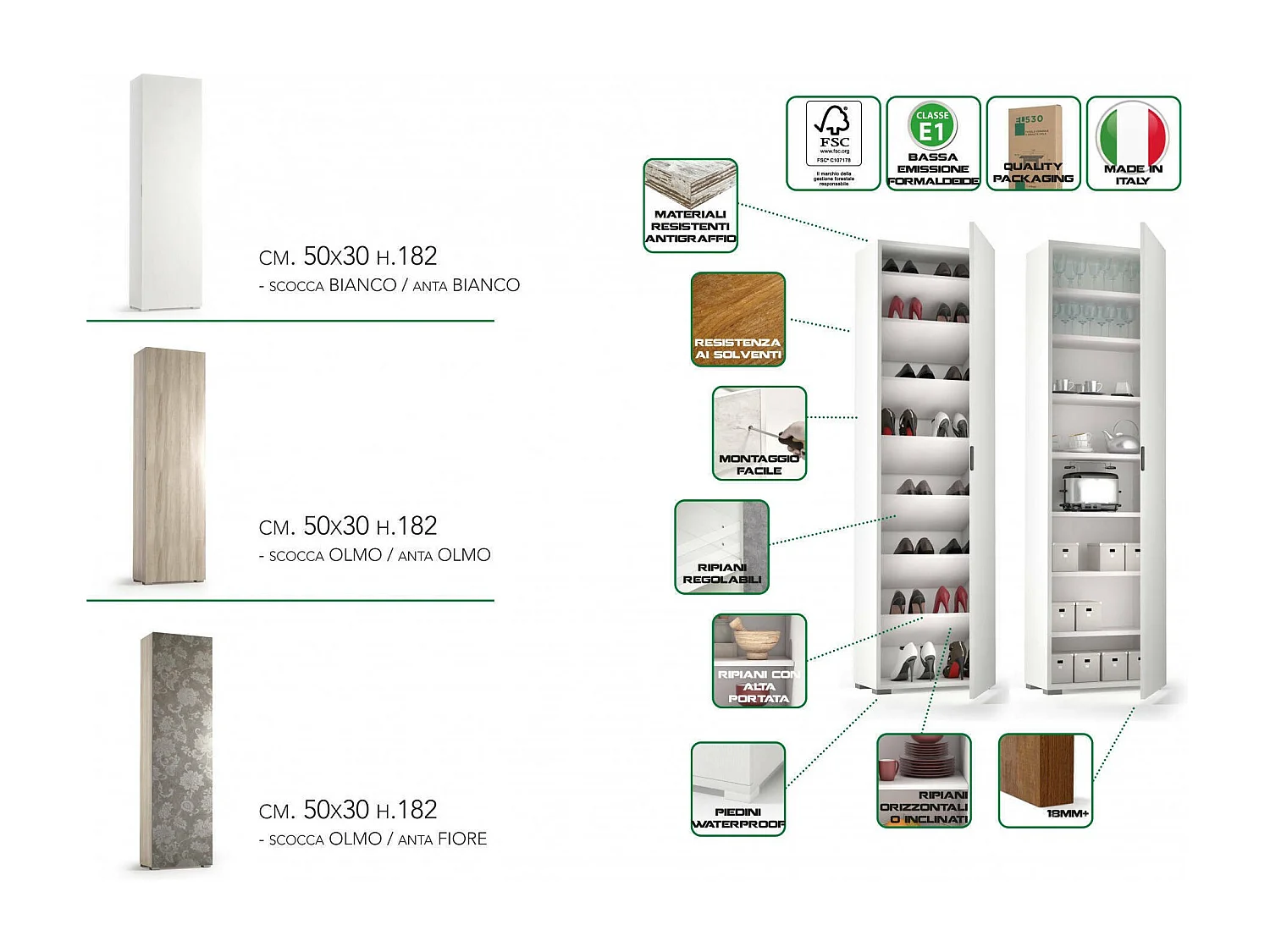 Armario multiusos Ddarbo, Mueble lineal con 1 puerta y 7 baldas, Columna de entrada o baño, zapatero moderno, 100% Made in Italy, 50x30h182 cm, Cemento y Blanco