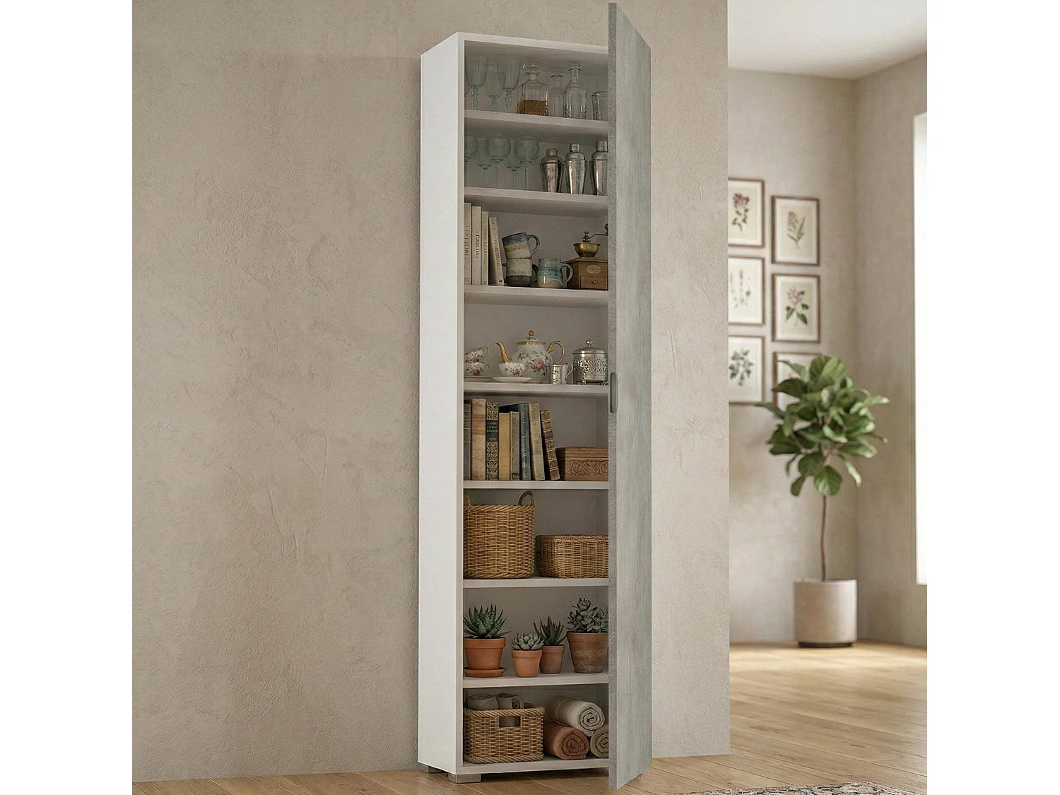 Armadio multiuso 1 anta effetto legno cemento, bianco 50x30h182 cm