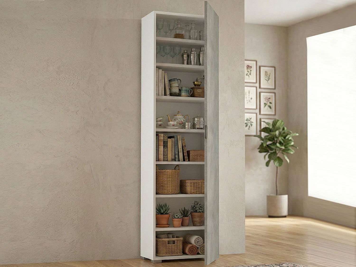 Armadio Multiuso 1 Anta Abuela, 7 Ripiani Made in Italy, 30x182h cm Grigio Cemento